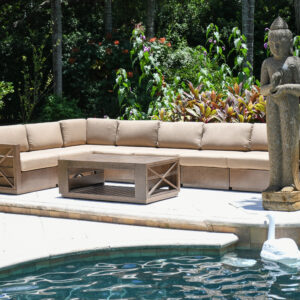 that will never rust. Hand Finished 1 item at a time combining soft hand dry brushing and all weather powder coat finishing in a light brown Cappuccino tone. The seating is thicker and plush with seat backs and cushions covered in a neutral Linen all weather Sumbrella Fabrics. An example of bringing the beauty and designs of interior furniture and combining it with the functionality and construction of quality outdoor patio furniture. Today's designers and homeowners consider the exterior of your home an extension of the interior design of your home. Mountain Studio Outdoor Collection  with its clean lines offers a minimalist contemporary design that makes a quality statement in any outdoor setting. Whether relaxing with family or entertaining guests at a party this set will hold up to even the most active of lifestyles. Consider combining it with other Offering from the Mountain Studio Outdoor Collection manufactured by Bridgeton Moore. Bridgeton Moore has established high brand quality standards and offers one of the best warranties in the Industry