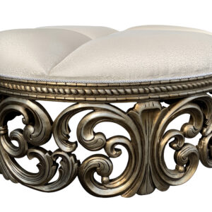 The Era of opulence returns in this grand 50" diameter baroque designed Rococo Ottoman. Hand Carved in solid Mahogany with an exclusive technique of silver finishing known as Platine antiqued silver finishing. Then utilizing a fine imported a light cream patterned fabric. Destined for a larger living room
