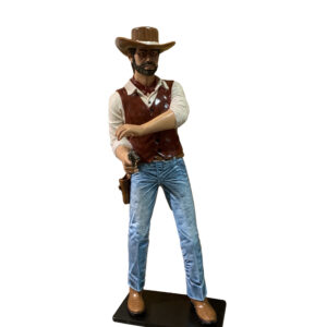 Our new Gunslinger Cowboy over 6ft Tall is aimed and ready for display! Another great Photo-Op Creation from our Life Like Whimsical Treasures Collection by AFD Home. This authentic-looking Replica is built to last — hand Cast in durable all-weather Fiberglass Construction with metal re-enforcements. The item is life like with artistic Hand Painted finishing. Note* This beautiful finish should be maintained with annual lacquer coatings if being used outdoors in direct sun. The wide base offers additional stability for commercial Usage. Arrives Fully Assembled!