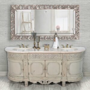 The Essex Double Bowl Vanity from AFD Home is a very special bathroom vanity measuring 84" in length. This item is 100% Hand Made with Imported Creme Marvel Marble featuring a double thick bullnose edge
