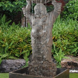 Our Happy Buddha Fountain w Black Earthy Finish is a decorative water feature. Standing a total of 65 Inches tall
