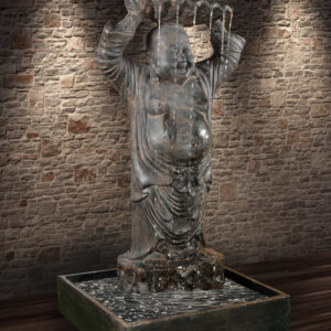 it creates a self contained water feature Fountain. The Fountain creates a cascading water flow from the outstretched arms of your happy Buddha to the surround catch basin below. The creation is hand cast and hand finished in a durable fiberglass and cast stone reinforced material. The Black Earthy Finish is durable and offers a richness and quality to this functional creation encompassing the Imagery of Buddha. Buddha: prince
