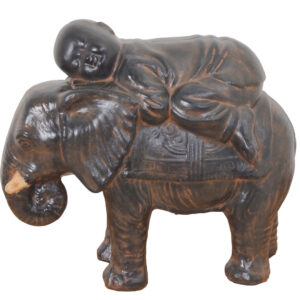 The Baby Monk On Elephant Black Earthy Finish 18" wide X 16.50" tall is a Sculpture offering a sweet perspective of a Baby Monk asleep on top of a baby Elephant. The sculpture is hand cast and hand finished in a durable fiberglass and cast stone reinforced material. The Black Earthy Finish is durable and offers an authentic antique quality and richness to this adorable Baby Monk creation. Monks are highly respected and often loved for the strengths of their beliefs and the sacrifices made for religious reasons and live cleaner simpler lives. The sculpture is suitable for Outdoor or Indoor use. The item arrives completely assembled.