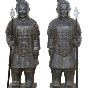 The left and right standing pair of standing terra cotta warriors comes in our black earthy finish 42" tall. The sculptures are individually hand cast and hand finished in a durable fiberglass and cast stone reinforced material. The black earthy finish is durable and offers an authentic antique quality and richness. These recreations of todays' famous terracotta army depict the bravest and most loyal of soldiers from the guards of qin she Huang