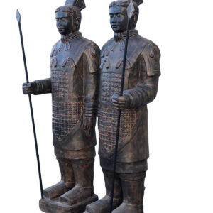 The left and right life size pair of standing terra cotta warriors 78.74" tall w black earthy finish. These impressive sculptures are individually hand cast and hand finished in a durable fiberglass and cast stone reinforced material. The black earthy finish is durable and offers an authentic antique quality and richness. These recreations of todays' famous terracotta army depict the bravest and most loyal of soldiers from the guards of qin shi huang