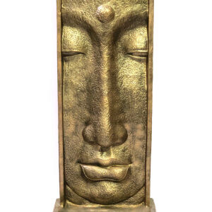 Our Large Long Face Fountain With Pump Glossy Gold Black at a whopping 74.80 " tall is a self contained water feature Fountain. The Fountain creates a cascading water affect over the main Buddha Long Face feature wall down to the surround catch basin below. The Pump is hidden from site from access from behind. The creation is hand cast and hand finished in a durable fiberglass and cast stone reinforced material. The Glossy Gold Black Finish is durable and offers a richness and quality to this functional creation encompassing the Imagery of Buddha. Buddha: prince