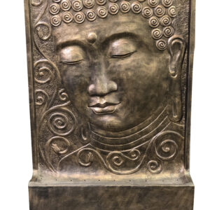 Our Buddha Face w Flowers Fountain in Glossy Gold Black Finish an impressive water feature 43.31" wide and 59.84" Tall is a self contained water feature Fountain. The Fountain creates a cascading water affect over the main Buddha Face w intermittent Flower features wall down to the surround catch basin below. The Pump is hidden from site from access from behind. The creation is hand cast and hand finished in a durable fiberglass and cast stone reinforced material. The Glossy Gold Black Finish is durable and offers a richness and quality to this functional creation encompassing the Imagery of Buddha. Buddha: prince