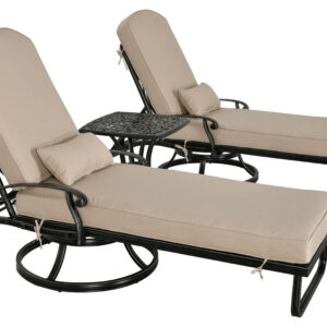 The Elisabeth Swivel Chaise Lounge and Table 3-piece Set by Bridgeton Moore Patio Furniture offers a luxurious lounging experience with two comfortable chaise lounges