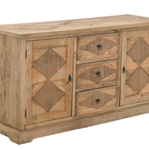 Using the natural beauty of the wood to arrange a parquetry pattern on this farmhouse style sideboard makes for an interesting cabinet made of solid wood and showing a great appreciation for the materials used.