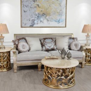 New and Exclusive Platine Hand Carved Round Coffee Cocktail Table Set of 3                                               Includes                                            1 Platine Hand Carved Coffee Table w Cream Marfil Marble and               2 Platine Hand Carved Round Side Table w Cream Marfil Marble 24 Inches Tall.  Hand Made and Hand Finished by the Master Carvers and Finishers of the Heritage company. A design boasting extensive hand carvings of Vines