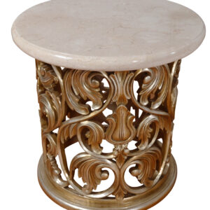 a multi step process of actually silver leafing the frames and layering and finishing techniques. The imported Creama Marfil Top blends tastefully and balances this amazing finishing. While this Side Table is sold separately it is often purchased in pairs for balance and it matches beautifully with the Platine Hand Carved Coffee Table w Crema Marble 48 Inches Wide for a more complete design. The Platine Collection offers many wonderful options to expand your design