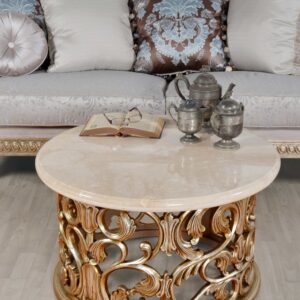 The Platine Hand Carved Coffee Table w Cream Marfil Marble is completely Hand Carved from solid Mahogany. Hand Made and Hand Finished by the Master Carvers and Finishers of the Heritage company. Rare to find in this quality of workmanship. The Platine finish with hues of Champagne Golden Silver is equally spectacular