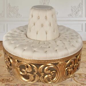 The Gold Rococo Circular Cream Settee is one of the more unique Rococo style seating creations by Heritage a division of AFD Home