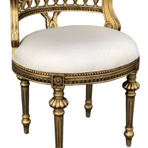 Introducing a very impressive Gold Genoa Cream Vanity Chair. It features a detailed gold back design combined beautifully with one of the hottest finishes in the market and cream or achromatic fabric color. Decorative stool perfect for your vanity