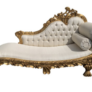 The Gold Hand Carved Chaise with Cream Fabric is one of the more elegant Rococo style Chaise Lounges. The design measures 85 Long X 31 Deep X 52.5 inches Tall Back. An item which finds popular use in bedrooms