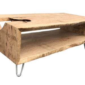 specimens of Mango slabs with natural live edges are collected and used for this unique 2 level cocktail Table. Iron legs where designed offering a modern style and support. The completed table is finished in a natural light white wash finish. Furniture of this style are designed for carefree active family Use
