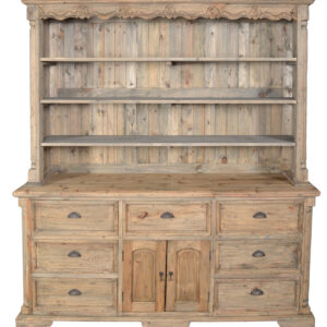 2 doors and 3 large shelve areas for ample display and storage. It measures an impressive 75 wide x 19 deep x 81 inches tall. The hutch is crafted using Authentic Reclaimed New Zealand Pine. The finish is natural and appropriate for the period and the style of this hutch. It is hand made
