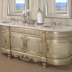 Our finest double bathroom Vanity from the Heritage Collection of AFD Home. Introducing the Essex Platina Finish 84'' Double Vanity. The Essex series features furniture quality hand carved cabinetry supporting a massive double thick Cream Italian Marble top with 2 pre-mounted porcelain sink Bowls and marble drilled faucet holes for upgraded 8" on center spreads. What is most notable besides the overall majestic beauty and massive scale is the highly prized hand finishing in the trend setting Platine silver finish. This multi step finish process offers beautiful depth and luster in its platinum hues