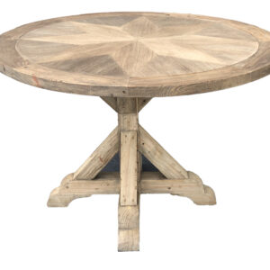 Our 48" Diameter Farmhouse Round Table is an amazing engineered table creation utilizing hand inlay. This very rare to find hand-made yet properly engineered solid wood table was proudly made possible from a lifetime of furniture manufacturing experience. The center Geometric Star design is a fine inlay of environmentally sourced Mindi wood on top of a specifically created Multiplex for a lifetime of stability. The table base and top center bands are handcrafted using reclaimed solid New Zealand Pine that is specifically hand selected