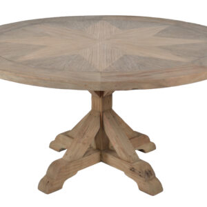 Our 60" Diameter Farmhouse Round Table is an amazing engineered table creation utilizing hand inlay. This very rare to find hand-made yet properly engineered solid wood table was proudly made possible from a lifetime of furniture manufacturing experience. The center Geometric Star design is a fine inlay of environmentally sourced Mindi wood on top of a specifically created Multiplex for a lifetime of stability. The table base and top center bands are handcrafted using reclaimed solid New Zealand Pine that is specifically hand selected