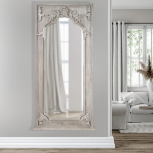 the Grand Carved Floor Mirror in the Mystique Gray Finish is a distinguished piece. Standing at an impressive 95 inches tall and 45 inches wide