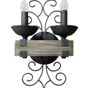 Add timeless elegance to your home with this beautifully crafted wall sconce. Featuring a rustic metal frame with intricate scrollwork and a distressed wood accent