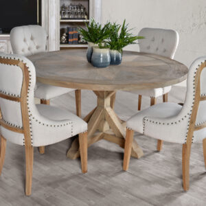 The Inverness Farmhouse Reclaimed Pine 60 inch Round Table Dining Set 5 is a set comprised of 4 popular Inverness Farmhouse Workshop Dining Chairs and 1 Inverness Farmhouse 60 inch Round Dining Table. The chairs are upholstered in a thick neutral Linen. The set is hand made using Authentic Reclaimed New Zealand Pine. The finish and style are very appropriate for the period of the style of this design. The items are all handmade and also Bench Made