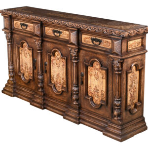The Juliana Buffet is a large and impressive cabinet from Peru and part of our new Juliana Series. This cabinet stands a magnificent 80.00 Long x 14.50 Depth x 45.00 Inches Tall. This series boasts a Spanish influence with large scaled details and its multi layered finish of light and dark sienna and brown tones with subtle natural contrasts resulting from hand rubbing and exposing the rich wood undertones then delicately detailed with hand painted soft scrolls. The Buffet/ Sideboard is a perfect addition from the Juliana series