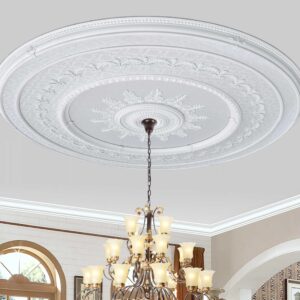 The Blanco Grand Ceiling Medallion 98.5 Inch Diameter ships Prefinished in a tasteful Blanco Finish. A finish offering a subtle contrast of neutral White and Beige featuring a recessed center panel with slightly raised floral pattern detail. A beautiful and neutral Creation that allows for a wider variety of installs. This completely finished Architectural Ceiling Medallion is the largest Round Medallion offered and creates an instant focal attraction with its 3 dimensional detail. Also a crowning Elegance to a Chandelier Installation for a ballroom