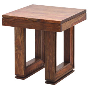 The Cinnamon Amber Side Table 24 Inch Solid Sheesham Wood Hand Made. This stylish clean occasional table offers a modern organic design with its subtle modern angles and linear lines defining the substantial solid wood planks. Customers often choose this Collection for its spectacular finish affects achieved in the special Sheesham