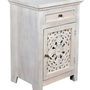 The Carved Lace Harlow Side Cabinet is a smaller bedside stand. It is sold separately but often combined with the Carved Lace Harlow Bed and Collection.  The design is an exciting find in its entirety. It offers a lighter feeling that helps in smaller rooms but is also very special with the Hand Carved Lace out of wood. This set fits Casual transitional styling and is also a perfect match for Coastal or Farmhouse trends.  It is made in solid wood