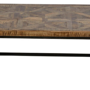 A beautiful and strong Wood and Industrial Iron Mango Parquet Coffee Table 54 Inch. The Cocktail Table Top is built using Solid Mango hardwoods in an artistic parquet design. Naturally finished with a satin sheen that protects and enhances the wood for long term use. The grain of the Mango Wood offers beautiful variations of natural color with rich depth and tone. The top is mounted to an authentic Cast iron Industrial base that is heavy and stable. The base is hand cast in Iron using authentic Industrial molds. The complete table is beautiful and the strength of its construction will offer years and years of use for even the most active of families. Sold separately this table can be ordered and used separately. Consider combining with the matching Wood and Industrial Iron Mango Parquet Lamp Table 24 Inch or the matching Sofa Console table to complete your desired design. Hand Made and Hand Finished in India for AFD Home. Minor Assembly Required.