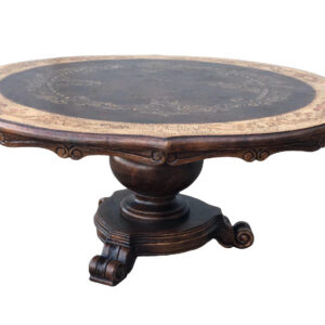 scaled details featuring a multi layered finish of light and dark brown tones with subtle natural contrasts. Each piece is constructed using solid wood indigenous to South American forests and handcrafted one piece at a time. Natural contrasts from hand rubbed finishing and exposing the rich wood undertones make each piece unique before finishing accents are delicately detailed with hand painted soft scrolls. The curved benches perfectly compliment the table while the accent chairs have beautiful hand hammered nail head accents and a carved leather seat. Handmade one piece at a time in Lima Peru by skilled master furniture artisans each piece is a timeless investment.