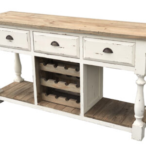 Bring rustic charm and functional elegance into your home with this Farmhouse Console Wine Rack. Beautifully crafted in a chalk white distressed finish with a natural wood plank top
