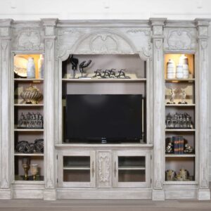 now available in the sophisticated Mystique Gray finish from Heritage Furniture. This expansive and elegant entertainment wall unit