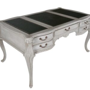 The Large Mahogany 5 Drawer Writing Desk from Heritage Furniture in the sophisticated Mystique Gray finish measures 63 inches in width