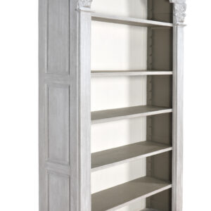 The Mystique Grey Continental Casual Bookcase is a beautiful handmade bookcase that measures 58 inches Wide X 17.5 inches Deep X 95.5 inches Tall. The bookcase features a well defined bonnet top to center crest atop Corinthian carved fluted pilasters with recessed paneled sides. The item shown is finished in our Mystique Gray finish and can be combined with many other accompanying items with this popular new finish. The Bookcase is Hand made in Mahogany by the Heritage Collection. A fine hand made furniture collection in the purest of standards of age old traditional crafting. Each piece is hand carved one piece at a time by some of the best world carvers. In addition
