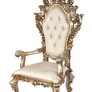 The Platine Royal Crest Chair stands 73.5 Inches Tall. It an impressive and opulent Throne Chair. This design is also very popular with our Wedding and Events specialists as special Wedding Throne Chairs. Hand Made and Hand Finished by the Master Carvers and Finishers of the Heritage company. Rare to find in this quality of workmanship. The Platine finish with hues of Champagne Golden Silver is equally spectacular