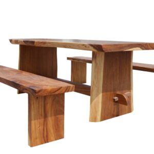 79 inches wide Suar Slab Table with Suar Slab Benches. The significant Suar Slab Dining Top was matched with 2 equally designed Suar Slab Benches cut to make perfect matching collections. Suar Is A beautiful Natural Wood And each specimen will vary Slightly In Grain
