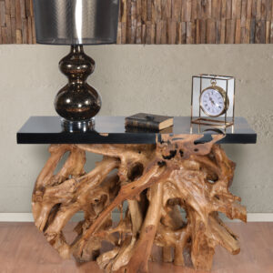 This natural solid 48 Inch Teak Wood Root Console uniquely processed with a floating top of Black Epoxy resin is an AFD Home Exclusive. A special Artistic console perfect for a stylish and modern Decor that will have all your guests talking about the beauty of the art and uniqueness of the item. Our beautiful creation starts with a rare to find natural Teak wood Root Console that is processed through our artistic studio. The Teak specimen used for the making it is all natural and is farmed from the most remote forests of Indonesia. The local villagers search for these Teak specimens