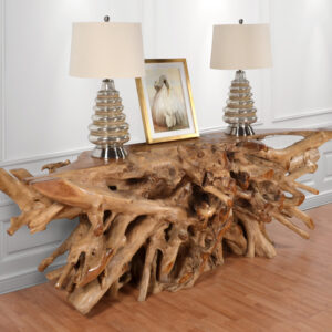 This natural solid Teak Wood Console is our largest offered. At Approximately 99 Inches long this is an incredibly rare size console to find. The Teak specimen used for the making it is all natural and is farmed from the most remote forests of Indonesia. The local villagers search for these Teak specimens