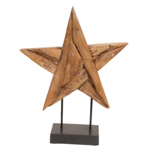 Texas Star! The teak wood star on stands 20 inches tall and is constructed from individual pieces of teak wood creating a 5 point star. Set atop iron legs attached to a block wood base the rustic sculpture is free standing. Entirely made by hand one piece at a time each teak star sculpture is unique with natural variation