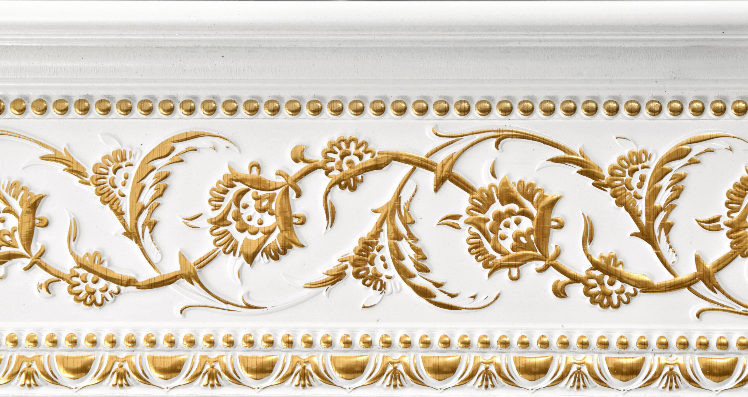 Gold Floral on French White Crown Molding 92 Inch