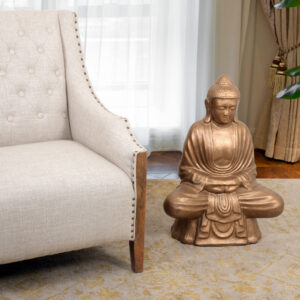 Hand cast in a durable fiberglass and cast stone reinforce material this classic buddha sitting in lotus position statue is well made. A large scale sitting 30 inches tall