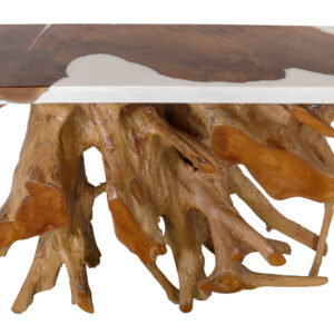 This natural solid 60 Inch Teak Wood Root Console uniquely processed with a floating top of White Epoxy resin is an AFD Home Exclusive. A special Artistic console perfect for a stylish and modern Decor that will have all your guests talking about the beauty of the art and uniqueness of the item. Strikingly Beautiful