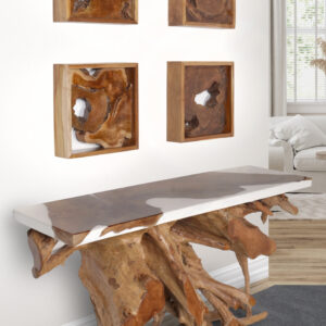 our beautiful creation starts with a rare to find natural Teak wood Root Console that is processed through our artistic studio. The Teak specimen used for the making it is all natural and is farmed from the most remote forests of Indonesia. The local villagers search for these Teak specimens