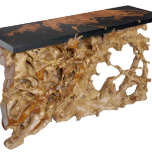 This natural solid 60 Inch Teak Wood Root Console uniquely processed with a floating top of Black Epoxy resin is an AFD Home Exclusive. A special Artistic console perfect for a stylish and modern Decor that will have all your guests talking about the beauty of the art and uniqueness of the item. Our beautiful creation starts with a rare to find natural Teak wood Root Console that is processed through our artistic studio. The Teak specimen used for the making it is all natural and is farmed from the most remote forests of Indonesia. The local villagers search for these Teak specimens