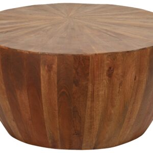 Mango Wood Solid Parquet Round Coffee Table 36 Inch Diameter offers a pleasingly shaped Round coffee table built using Solid Mango hardwoods in an artistic parquet design. Perfect for a more contemporary Rustic Decor. Naturally finished with a satin sheen that protects and enhances the wood for long term use. The grain of the Mango Wood offers beautiful variations of natural color with rich depth and tone. Sold Separately but often combined with the matching Mango Wood Solid Parquet Round Side Table 18 Inch Diameter for a complete set. Hand Made in India for AFD Home. No Assembly Required