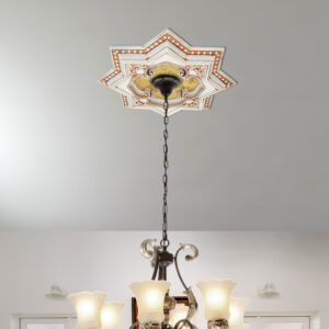 Light weight and easy to install the medallion. Measures 24 inches in diameter. Features an elegant finish of white on gold background in the shape of an eight pointed star.