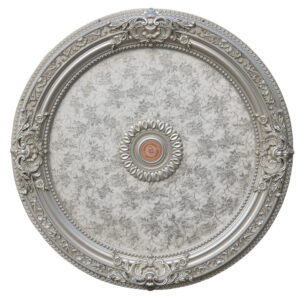 fully assembled and intricately finished Ceiling Medallion. The finish offers an old-world warmth in its Design. The finished outer frame of Antique silver surrounds an inner silver field of flowers and vines. This finished Architectural Ceiling Medallion creates instant 3-dimensional detail to an otherwise boring plain ceiling.